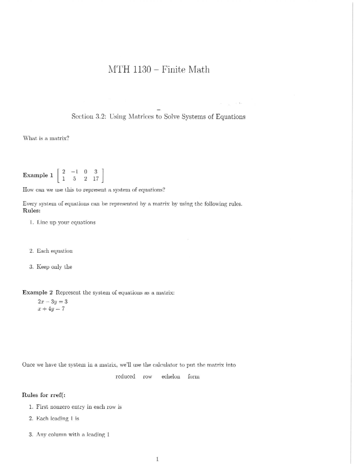 MTH 1130 3.2 Notes - MTH 1130 Finite Math Section 3: Using Matrices to ...
