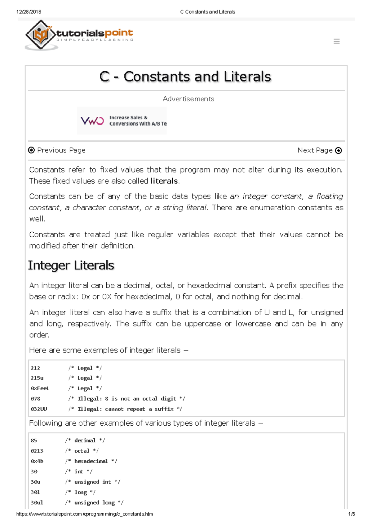 C Constants and Literals - 12/28/2018 C Constants and Literals C ...