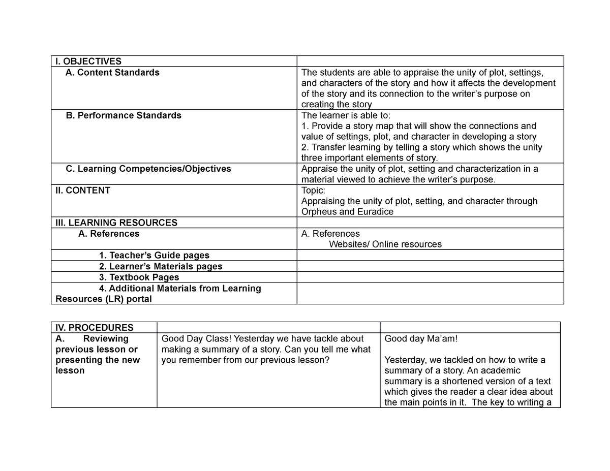 DLP - A detailed Lesson Plan - I. OBJECTIVES A. Content Standards The ...