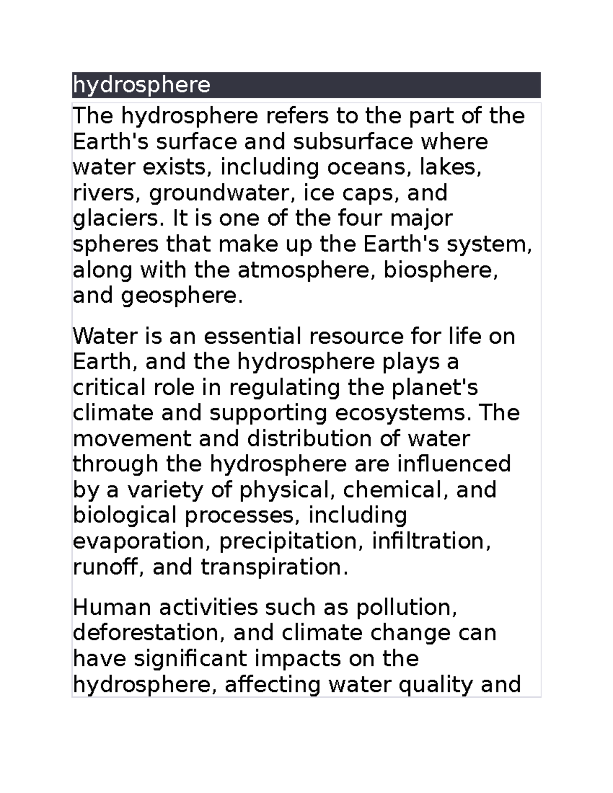 Hydrosphere - It is one of the four major spheres that make up the ...