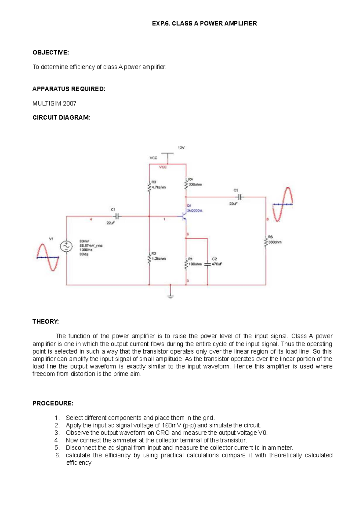 ECE3 Experiment 6 katehanselgalario EXP. CLASS A POWER AMPLIFIER