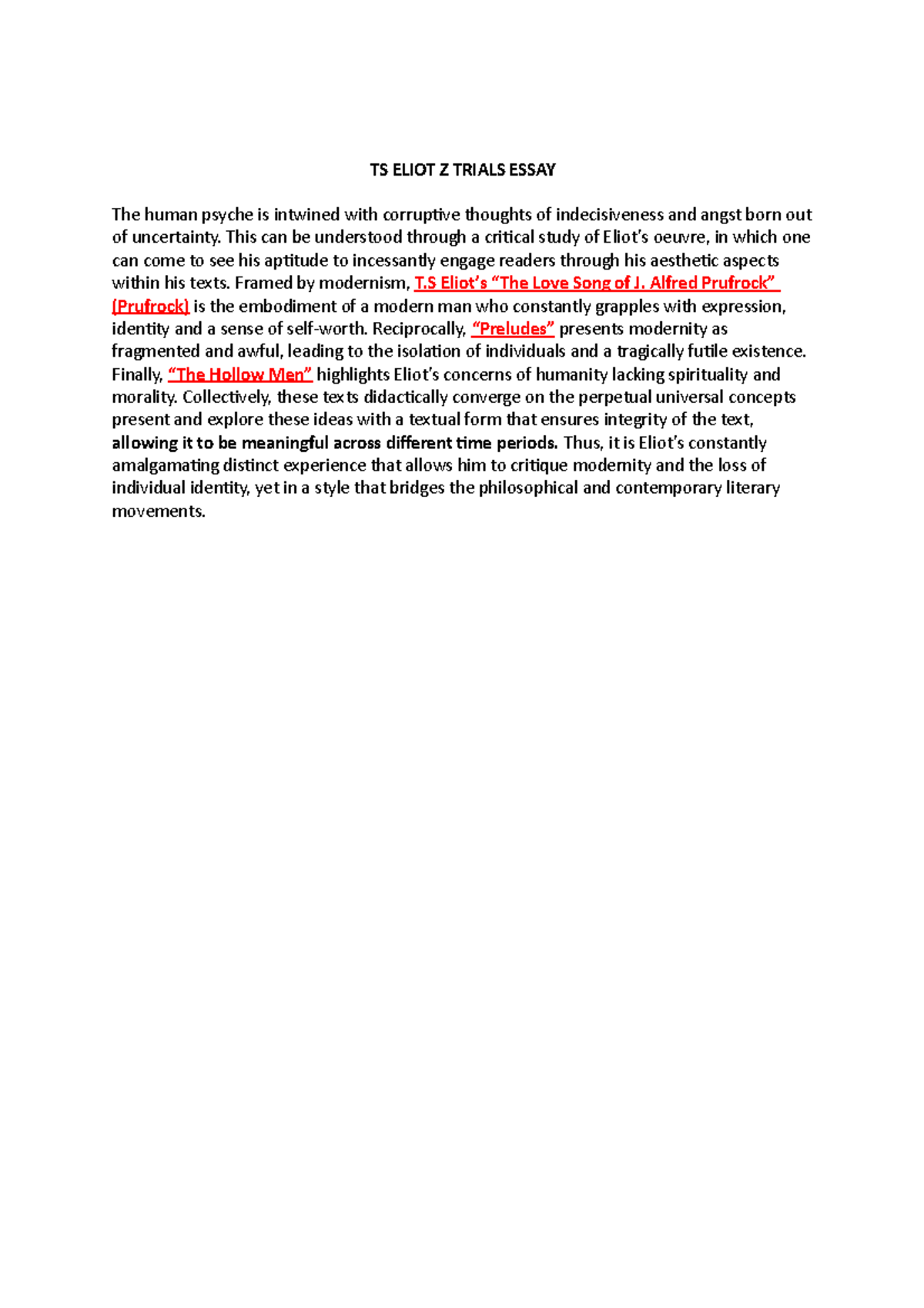 TS Eliot HSC Essay - TS ELIOT Z TRIALS ESSAY The Human Psyche Is ...