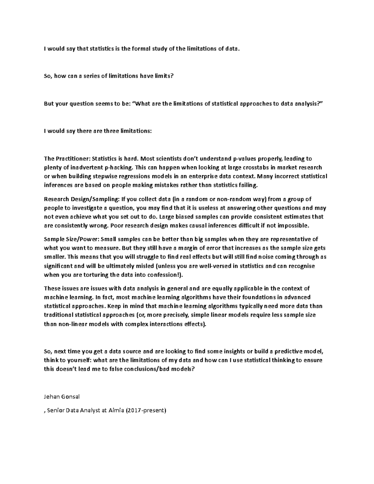 Models - AN OPINION ABOUT STATISTICS - I would say that statistics is ...