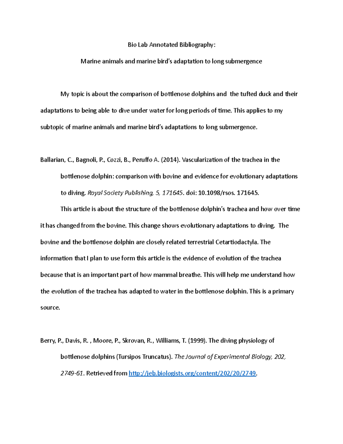 Bio Lab Annotated Bibliography - Bio Lab Annotated Bibliography: Marine ...