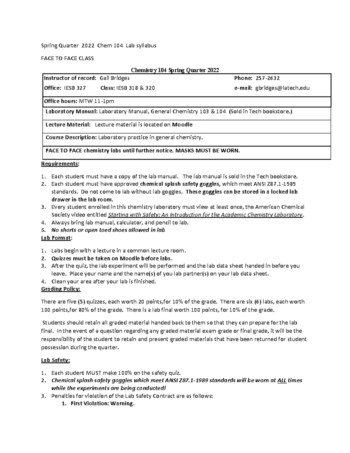 Syllabus - Notes - Spring Quarter 2022 Chem 104 Lab syllabus FACE TO ...