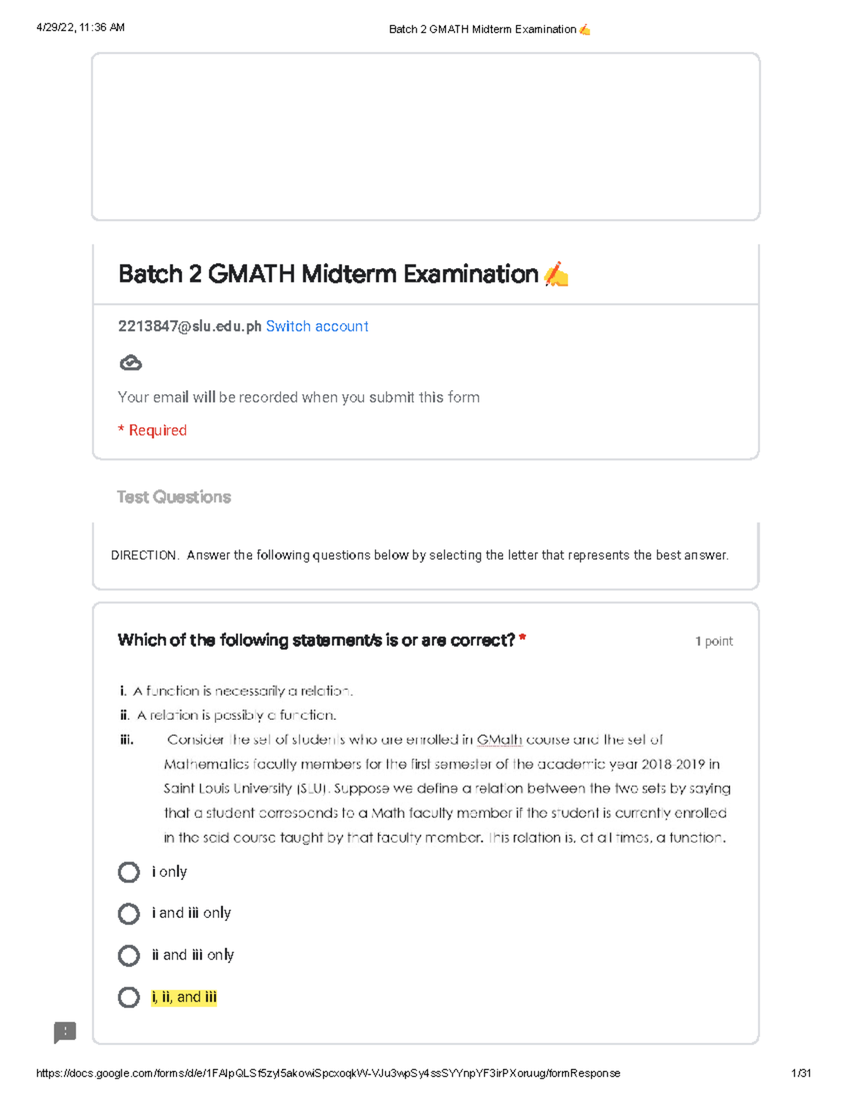 Gmath Batch 2 - Exam - Test Questions DIRECTION. Answer the following ...