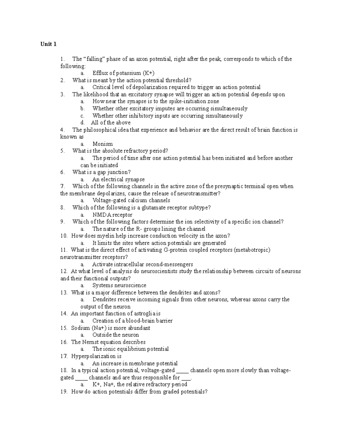 Quizzes 1-4 Practice Questions - Unit 1 The “falling” phase of an axon ...