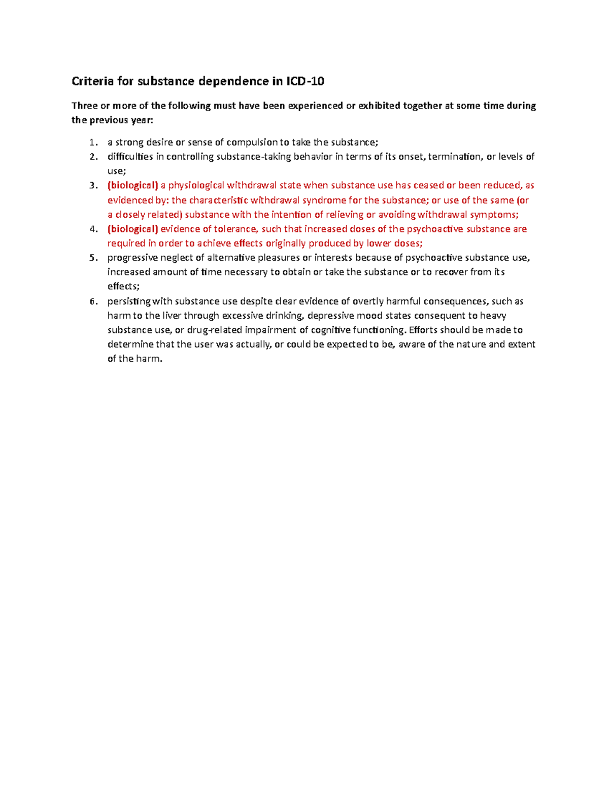 6 criteria for substance abuse in ICD10 Criteria for substance