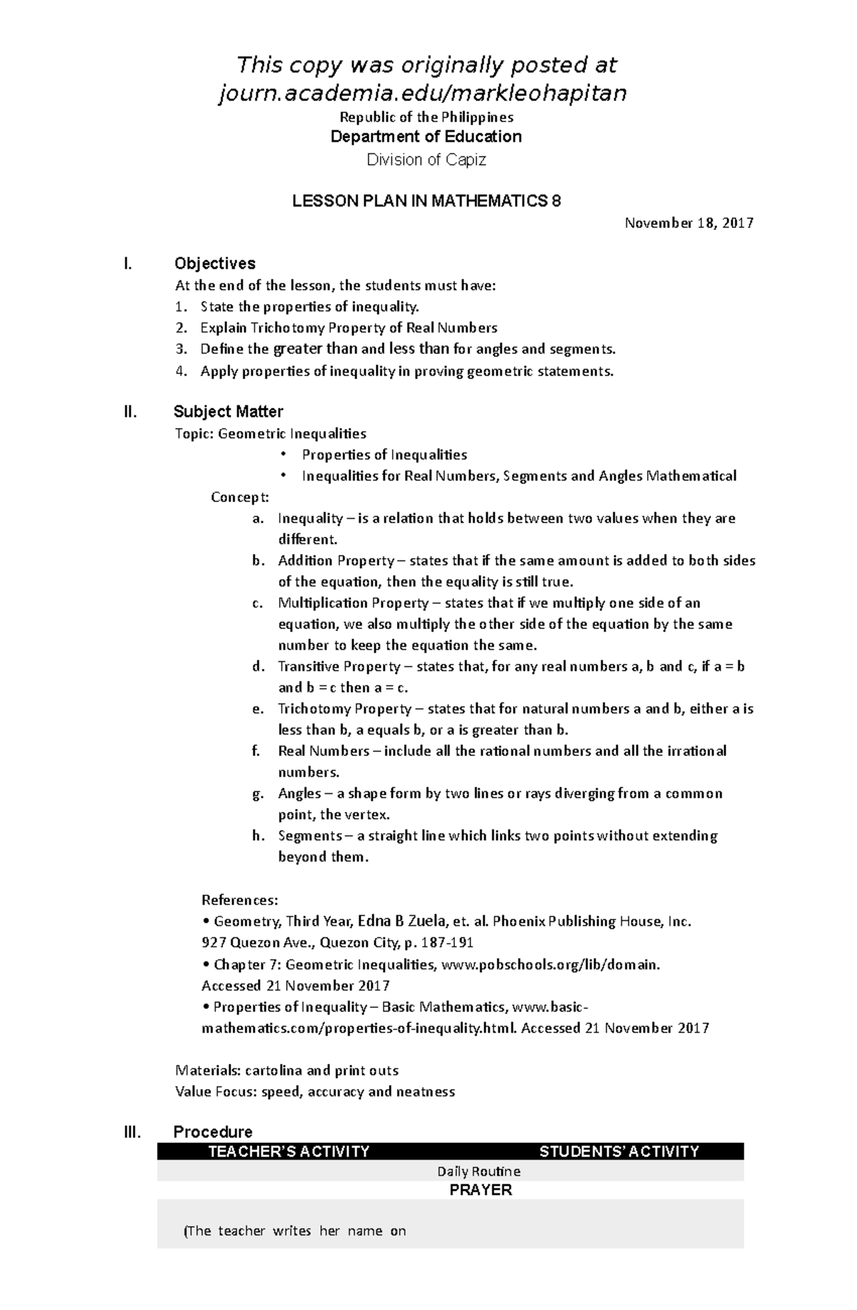 Math detailed lesson plan - journ.academia/markleohapitan Republic of ...