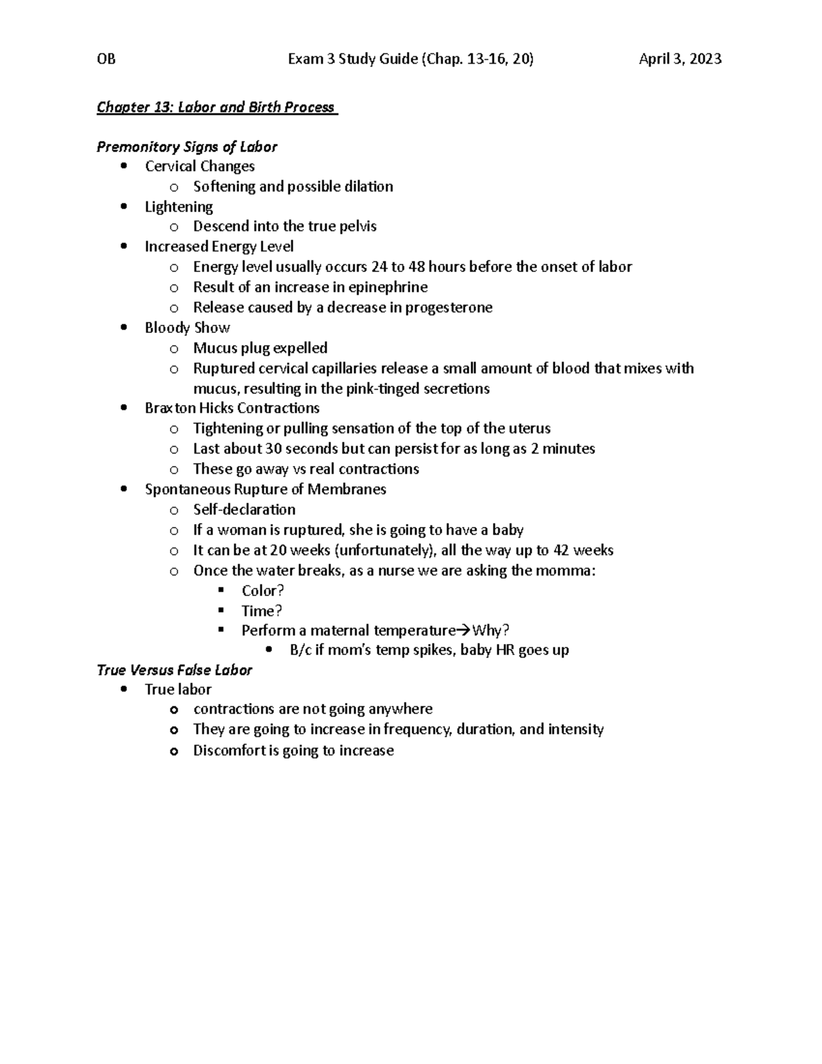 OB Exam 3 Study Guide - Chapter 13: Labor and Birth Process Premonitory ...