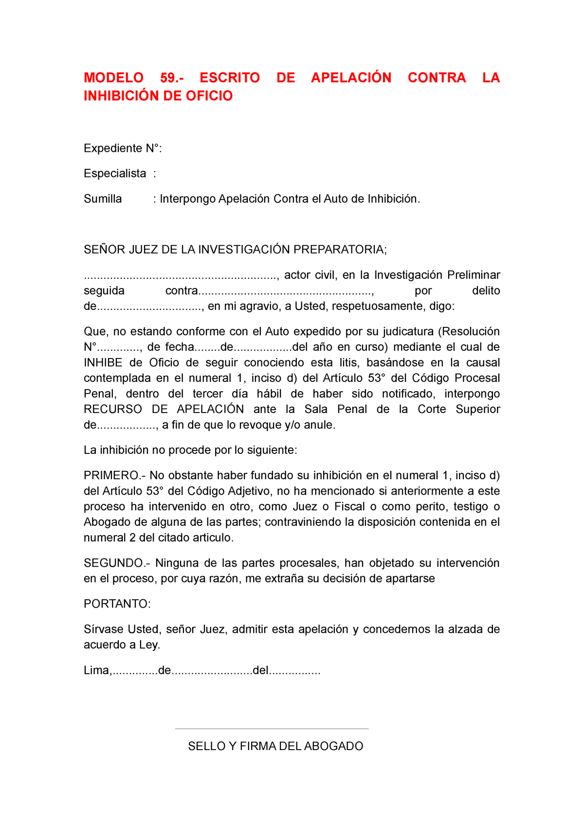 Modelo  Escrito DE Apelación Contra LA Inhibición DE Oficio - MODELO   ESCRITO DE APELACIÓN - Studocu