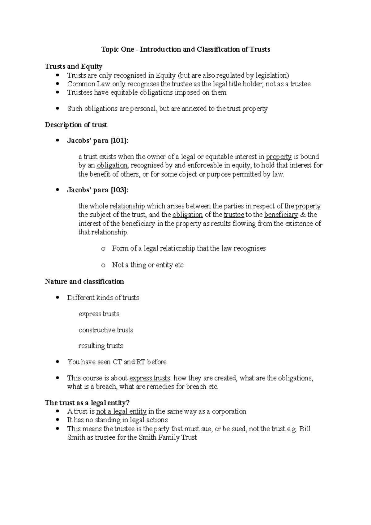 LAW4170 Trusts - summary notes - Topic One - Introduction and ...