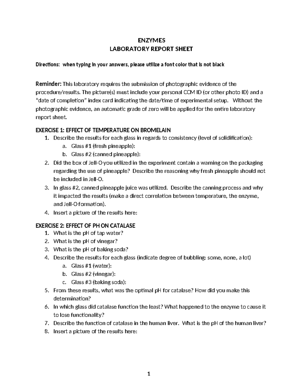 Enzymes Laboratory Report Sheet SP217 Tagged ENZYMES LABORATORY