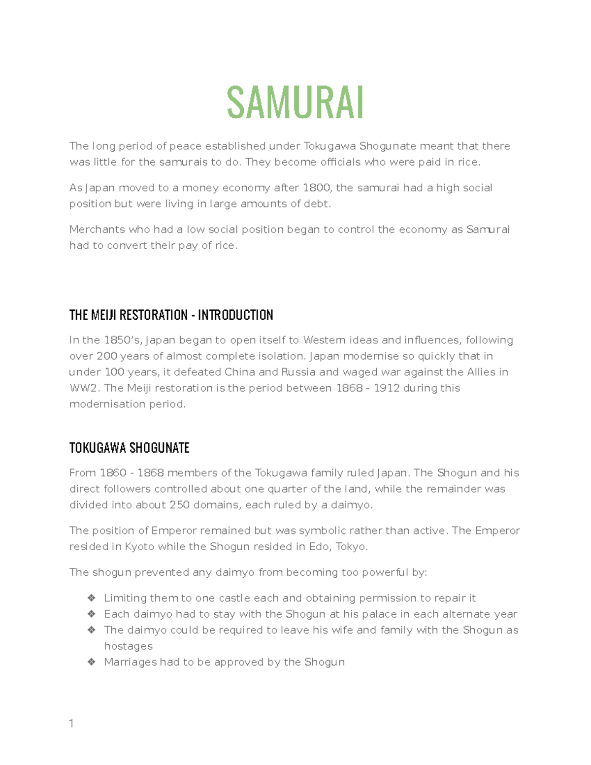 HSC/prelim summary notes - SAMURAI The long period of peace established ...