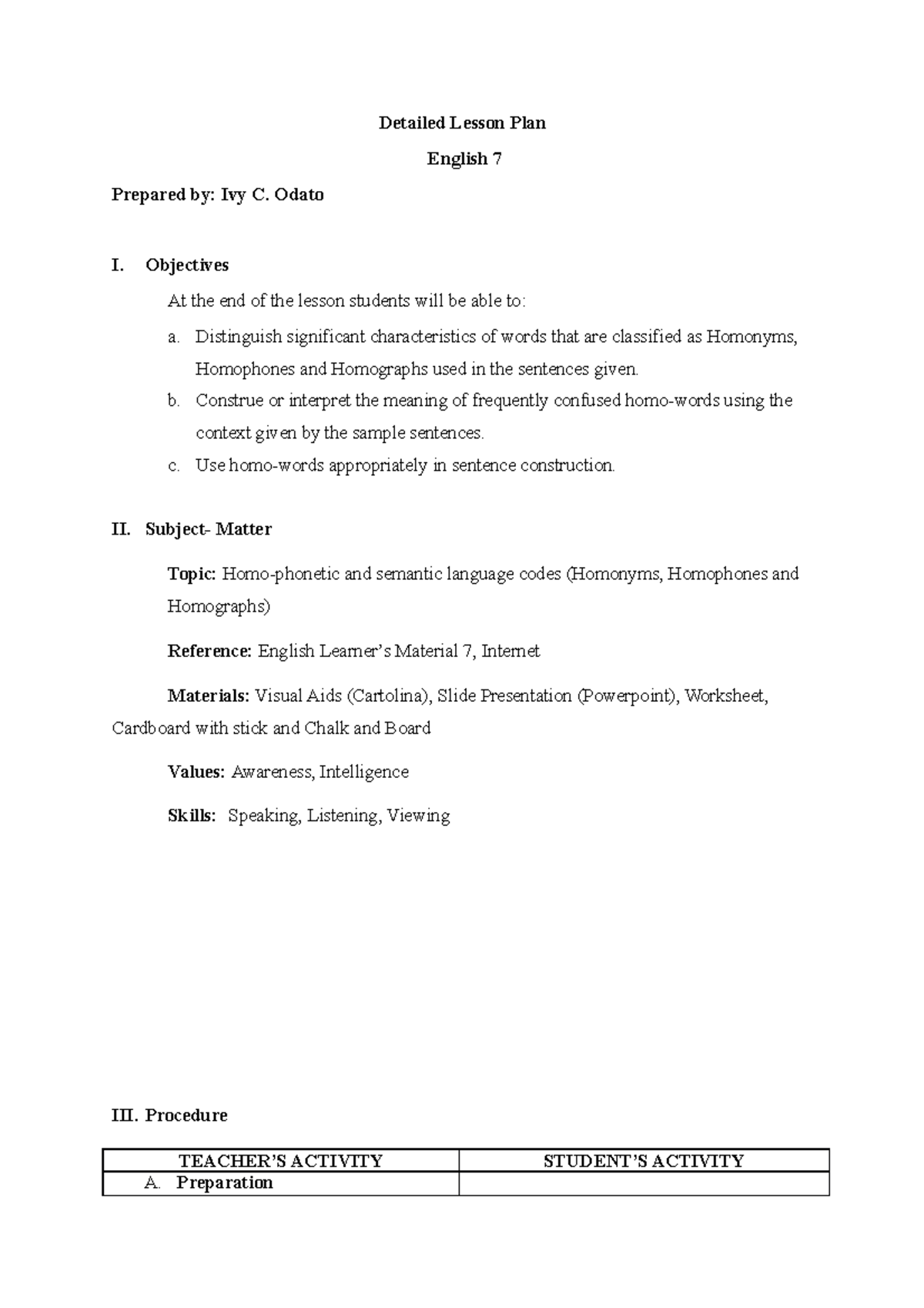 Odato G-7 LP Homonyms - Detailed Lesson Plan English 7 Prepared by: Ivy ...