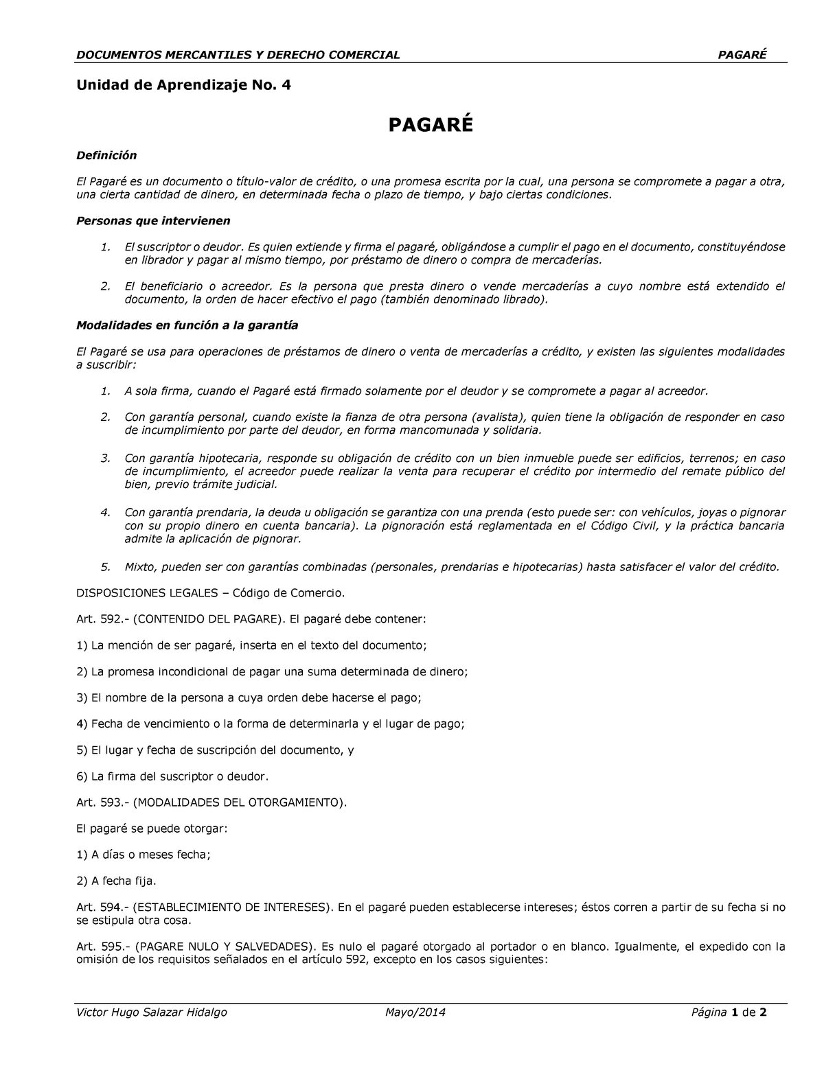 Documento Mercantil Pagaré Documentos Mercantiles Y Derecho Comercial PagarÉ Victor Hugo 9547