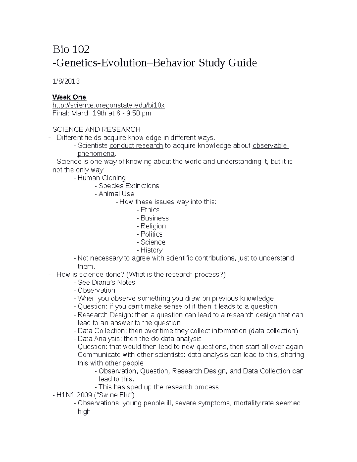 Bio 102 Study Guide - Bio 102 -Genetics-Evolution–Behavior Study Guide ...