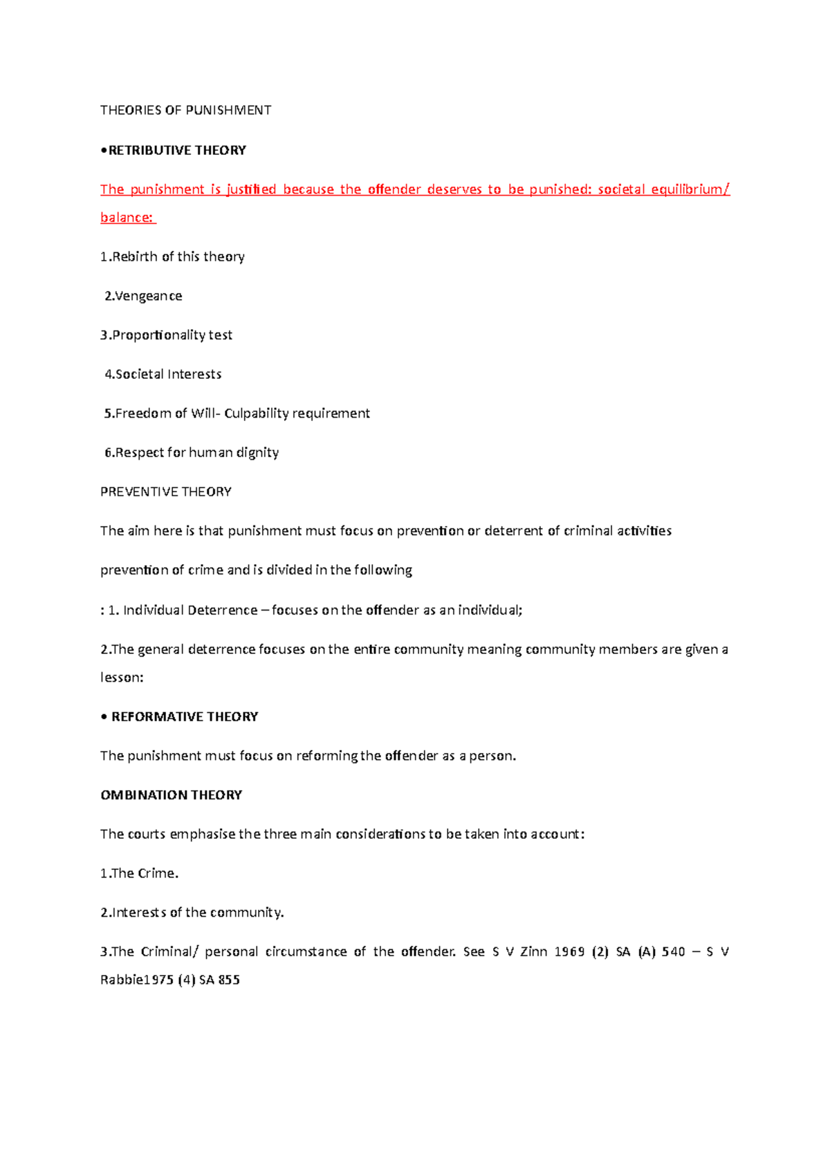 Study notes - mrs venter - THEORIES OF PUNISHMENT • RETRIBUTIVE THEORY ...