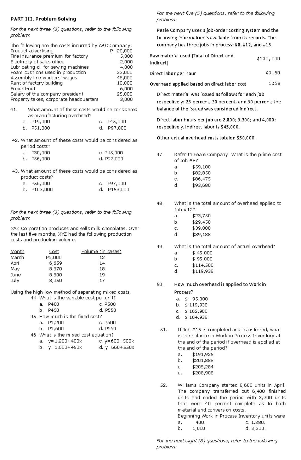 Cost Accounting - PART III. Problem Solving For the next three (3 ...