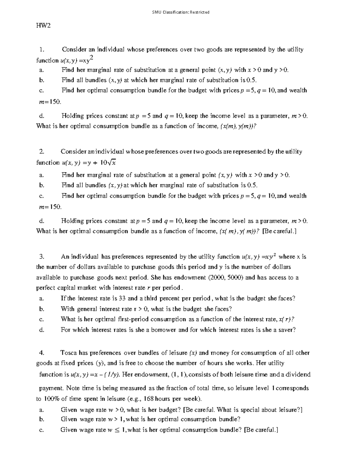 Microeconomics Homework 2 Hw Smu Classification Restricted Consider An Individual Whose Studocu