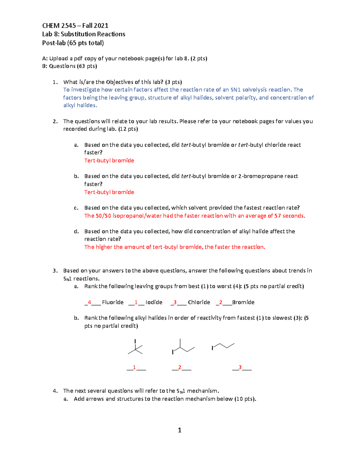 Lab 8 Post lab - CHEM 2545 – Fall 20 21 Lab 8: Substitution Reactions ...