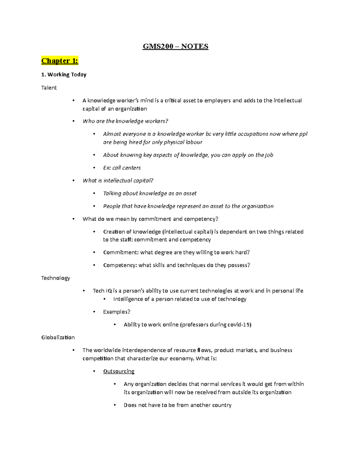 GMS200 - Notes - GMS200 – NOTES Chapter 1: Working Today Talent A ...