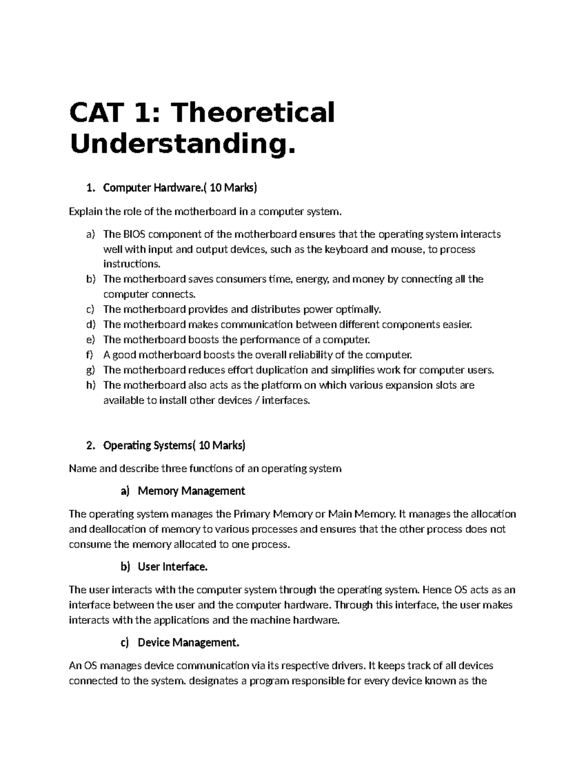 CAT 1 - Cat 1 - CAT 1: Theoretical Understanding. 1. Computer Hardware ...