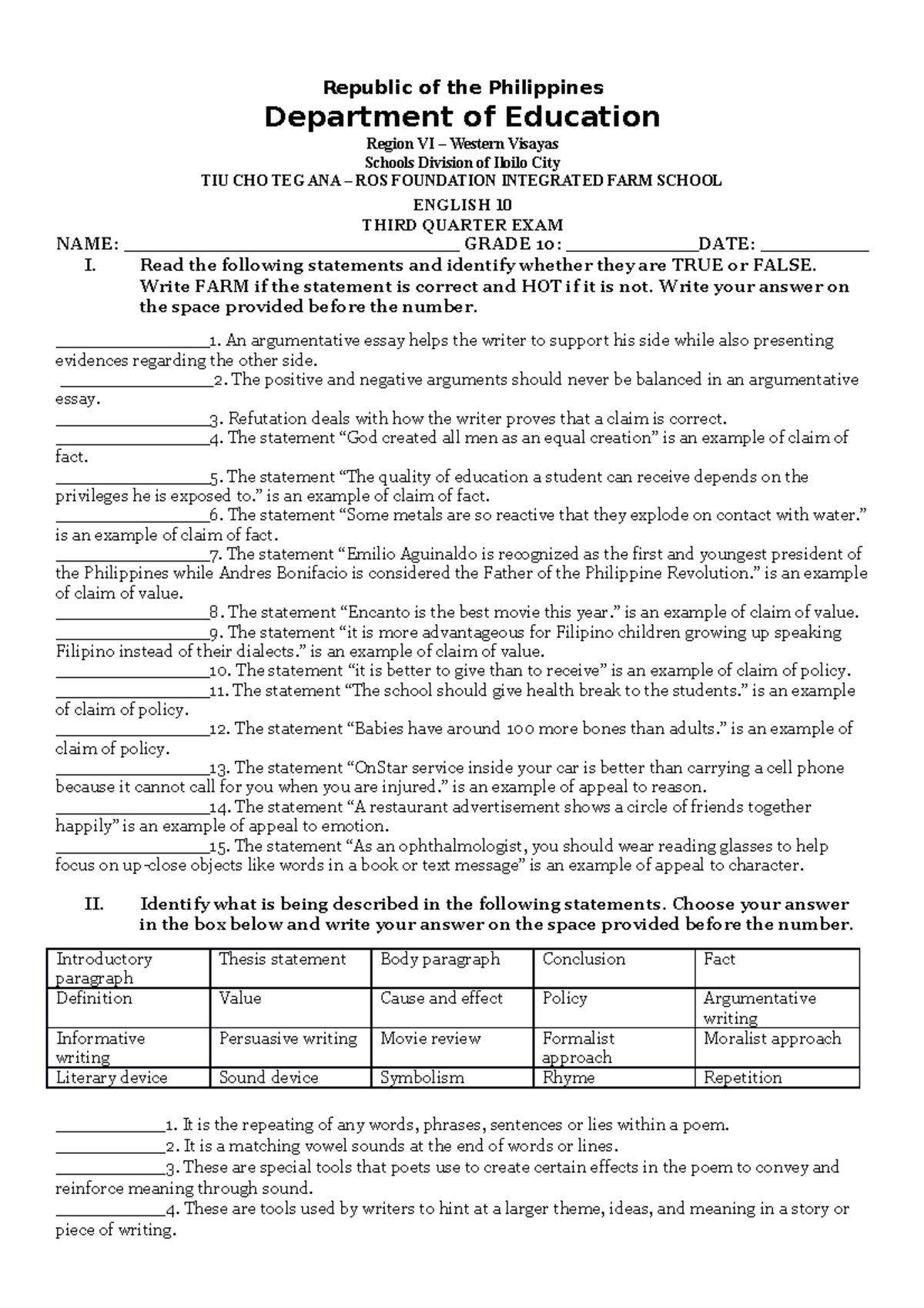 3RD Quarter EXAM - exam in english - Republic of the Philippines ...