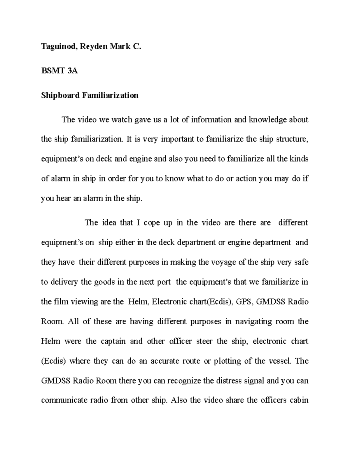 Shipboard familiarization essay format - Taguinod, Reyden Mark C. BSMT ...