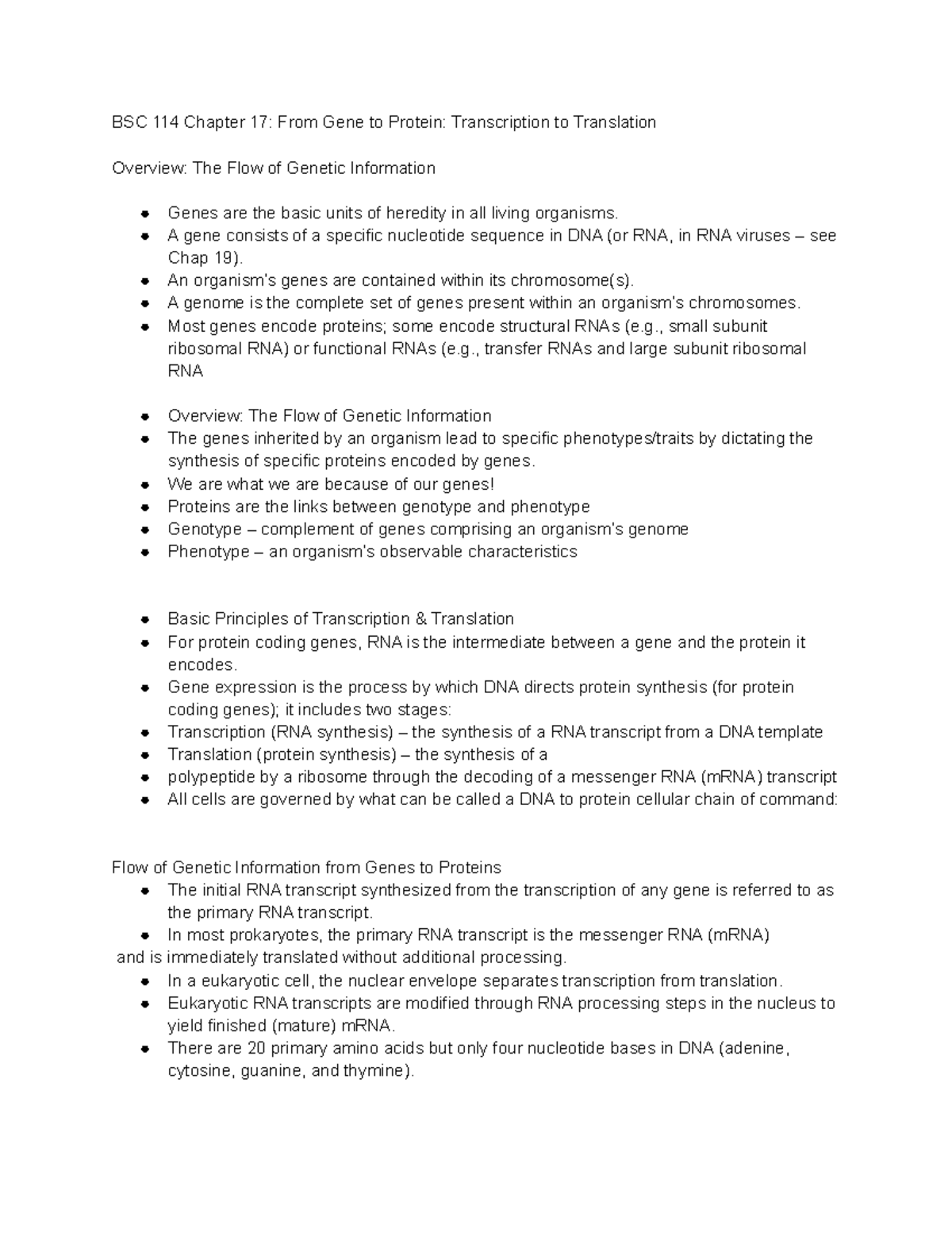 Aaliyah Smith BSC 114 Chapter 17 From Gene to Protein Transcription to ...