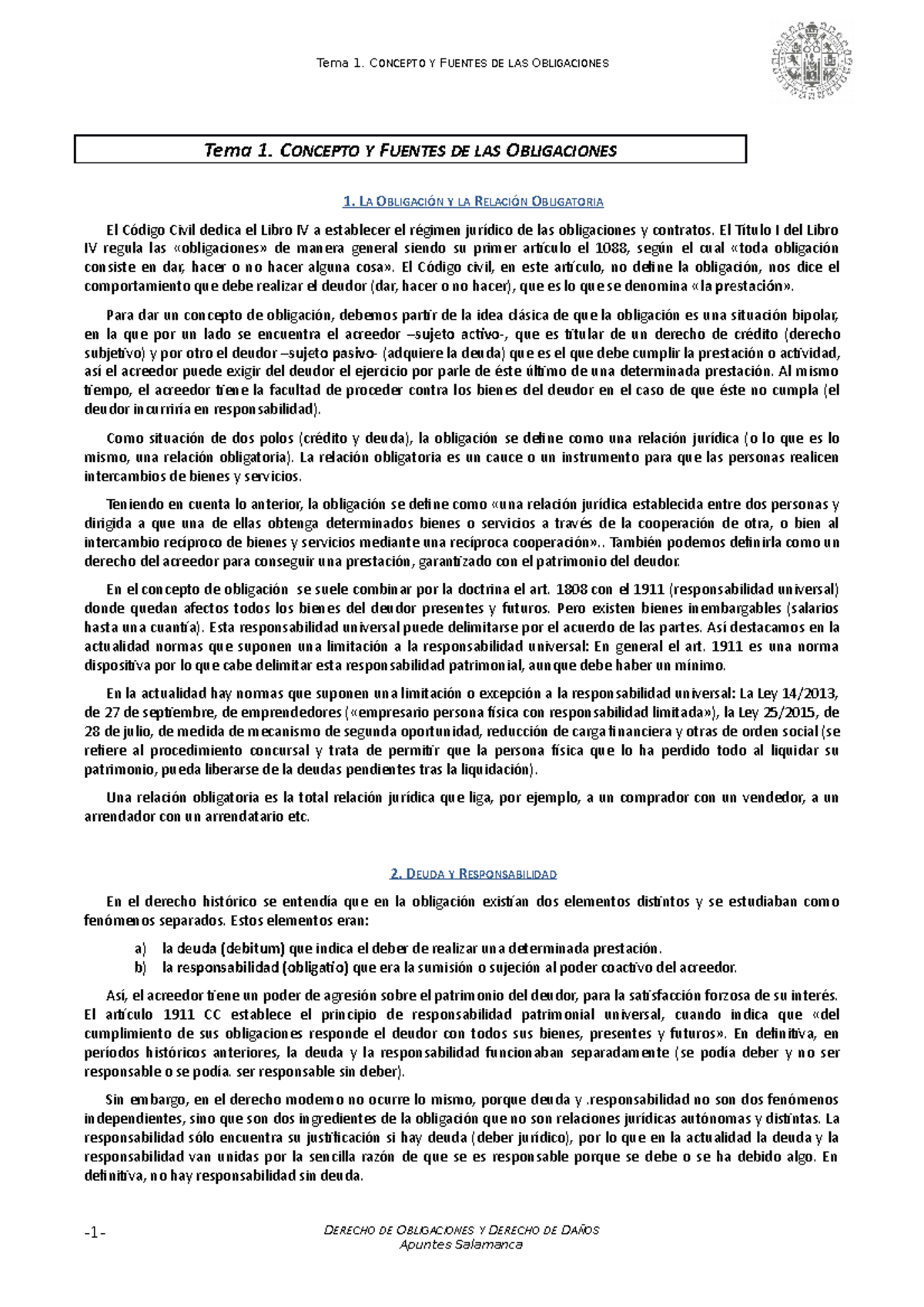 Tema 1 - Apuntes 1 - Tema 1. CONCEPTO Y FUENTES DE LAS OBLIGACIONES 1 ...