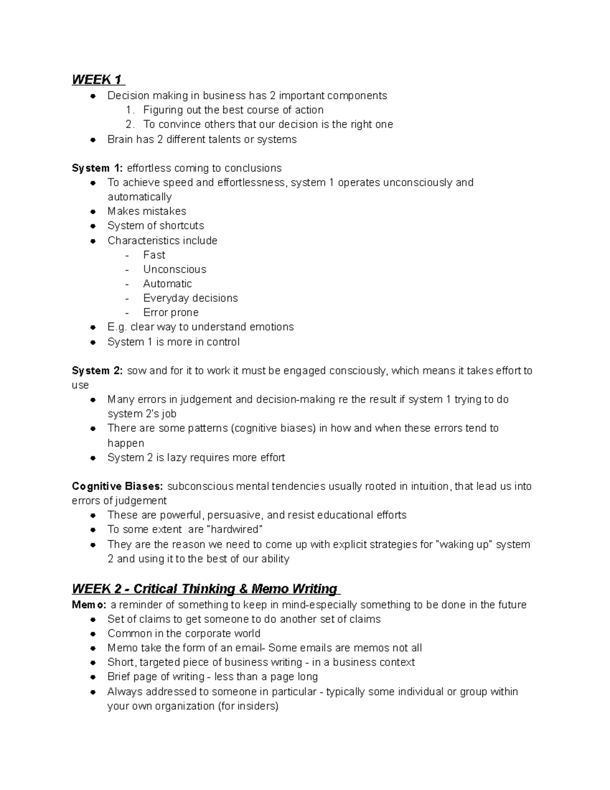 BUS221 - Lecture Notes for Midterm - WEEK 1 Decision making in business ...