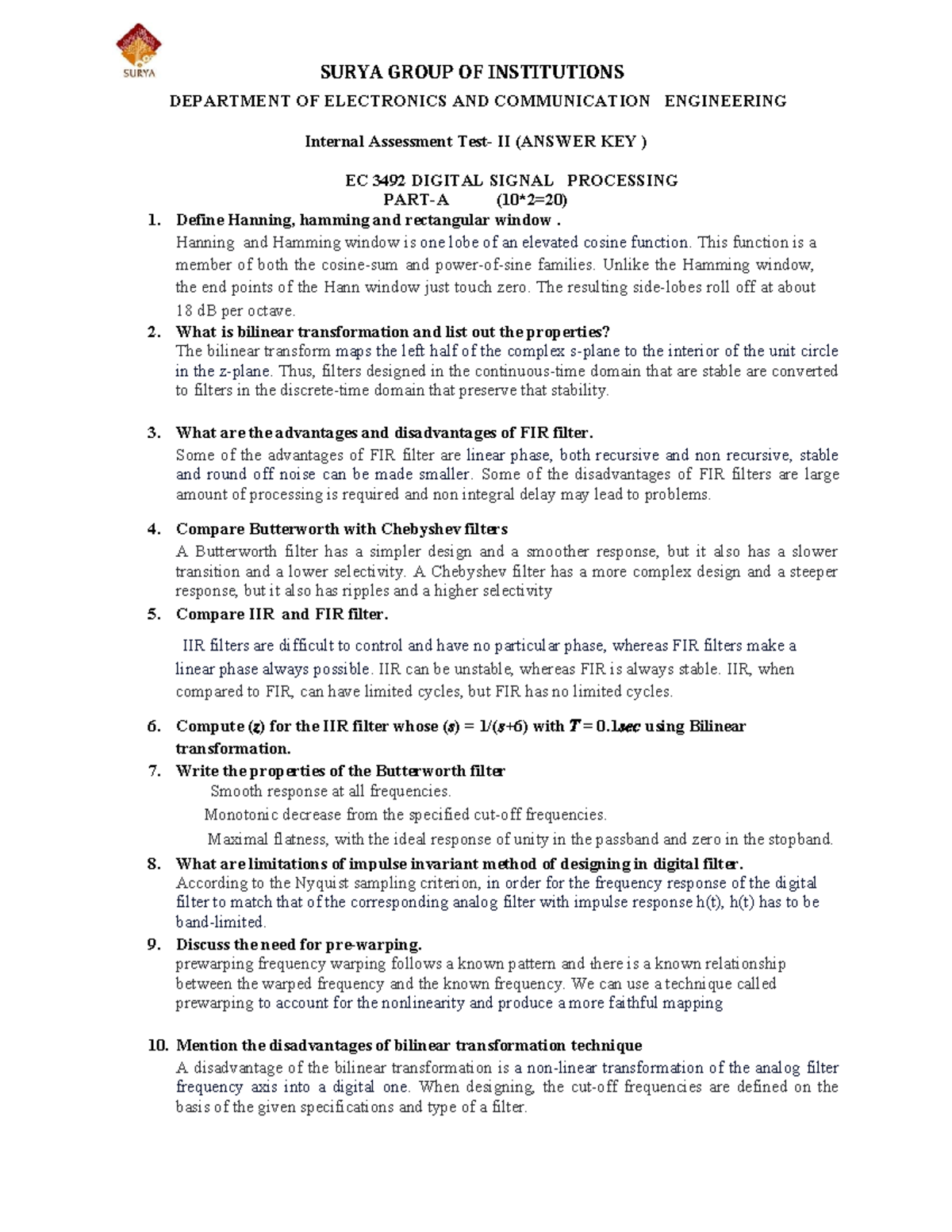 Iat 2 dsp answer key question answers SURYA GROUP OF INSTITUTIONS