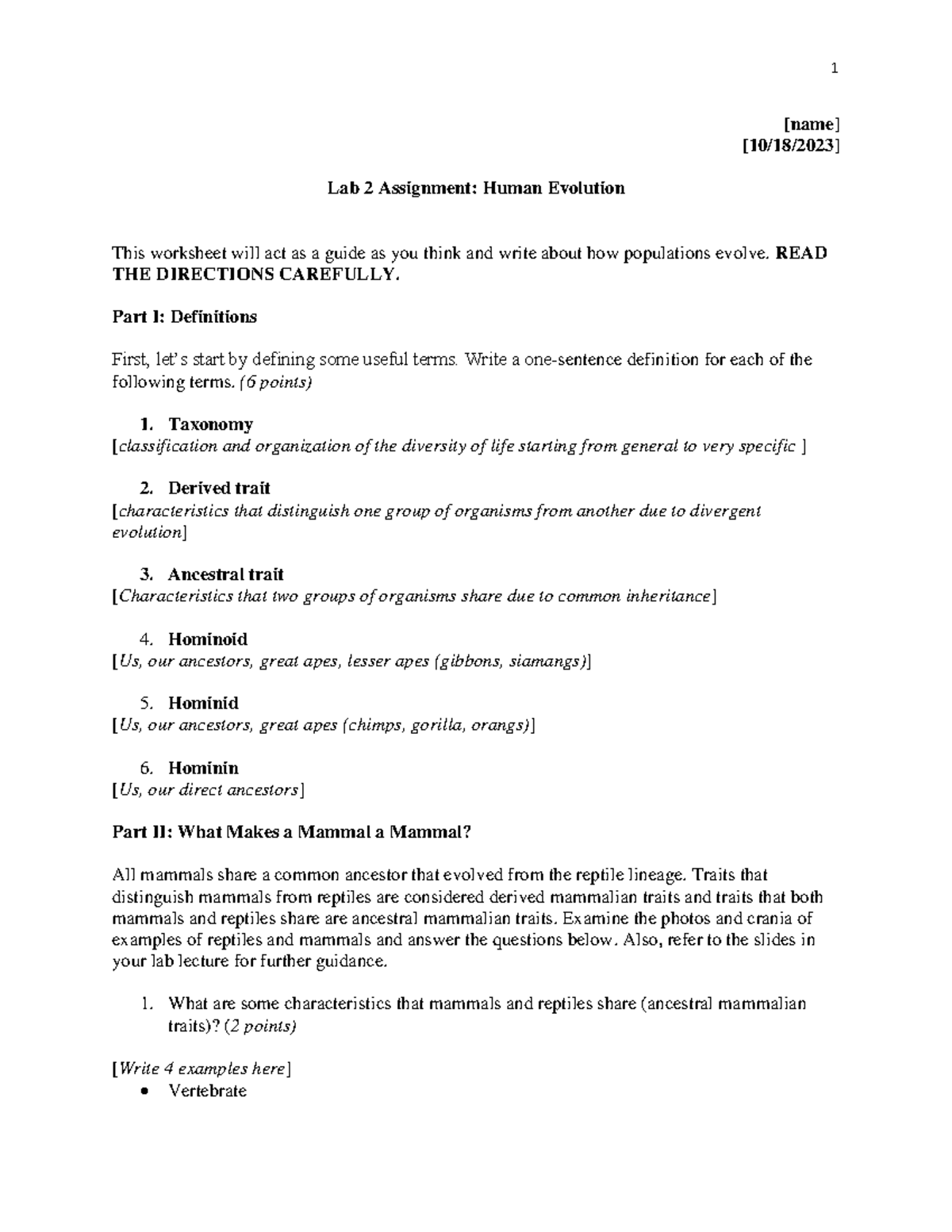 Lab 2 worksheet - [name] [10/18/2023] Lab 2 Assignment: Human Evolution ...