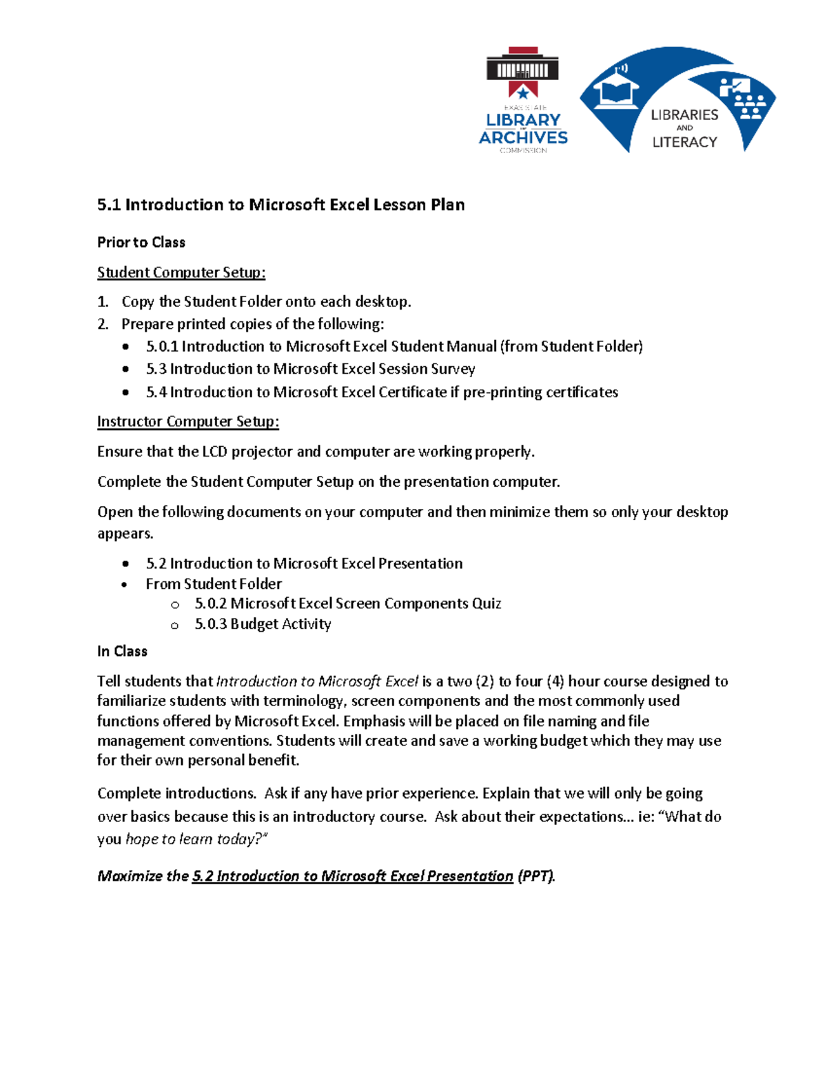 5-1 Introduction to Microsoft Excel Lesson Plan - Prepare printed ...