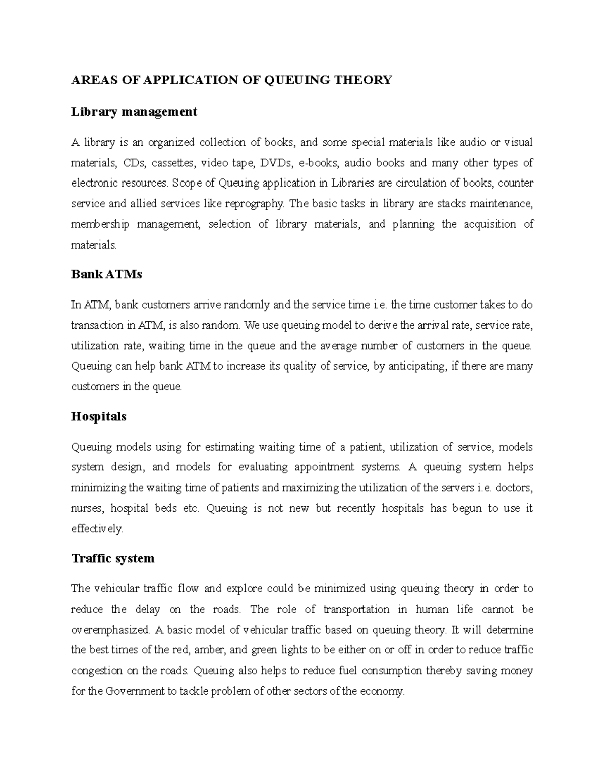 Que app - Lecture notes 8 - AREAS OF APPLICATION OF QUEUING THEORY ...