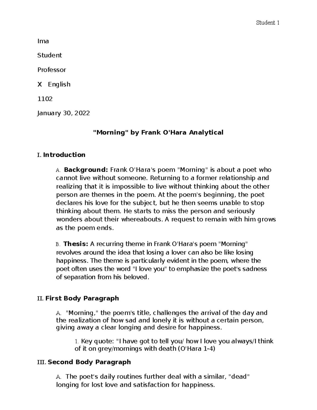 ENGL 1102 Poetry Analysis Outline - Student 1 Ima Student Professor X ...