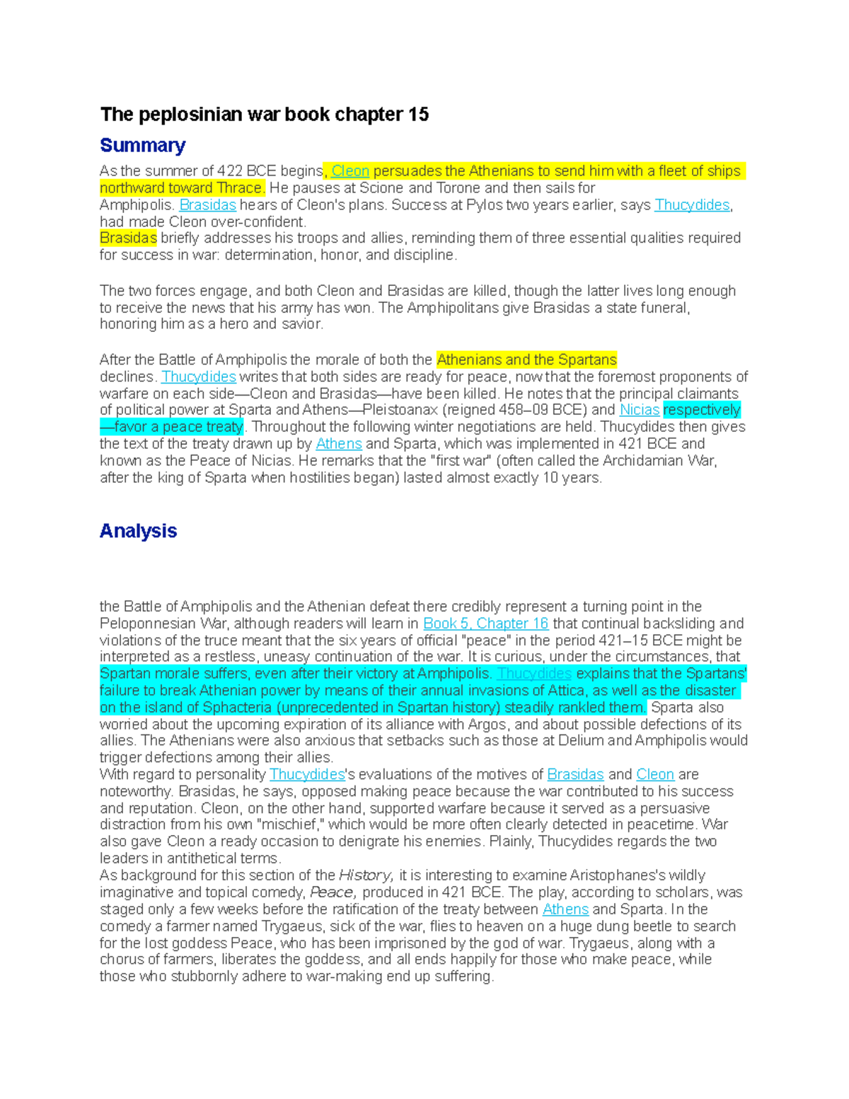 Summary poli 205 XXXX The peplosinian war book chapter 15 Summary As the summer of 422 BCE