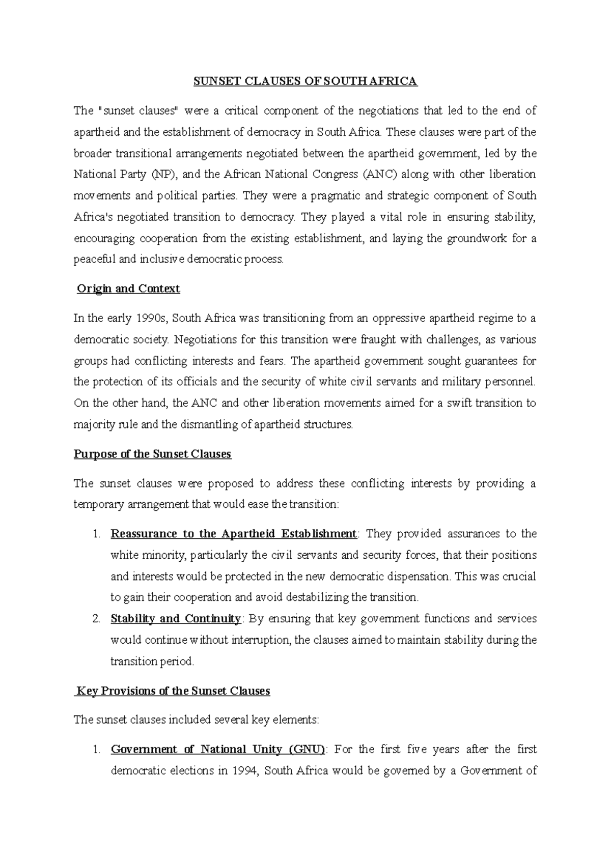 Sunset Clauses - SUNSET CLAUSES OF SOUTH AFRICA The 