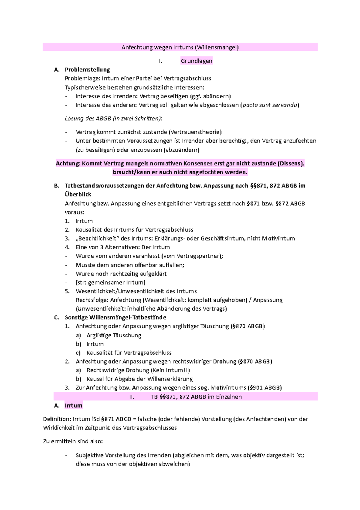 Anfechtung Wegen Irrtum Beispiele Anfechtung wegen Irrtums (Willensmangel) - Grundlagen A