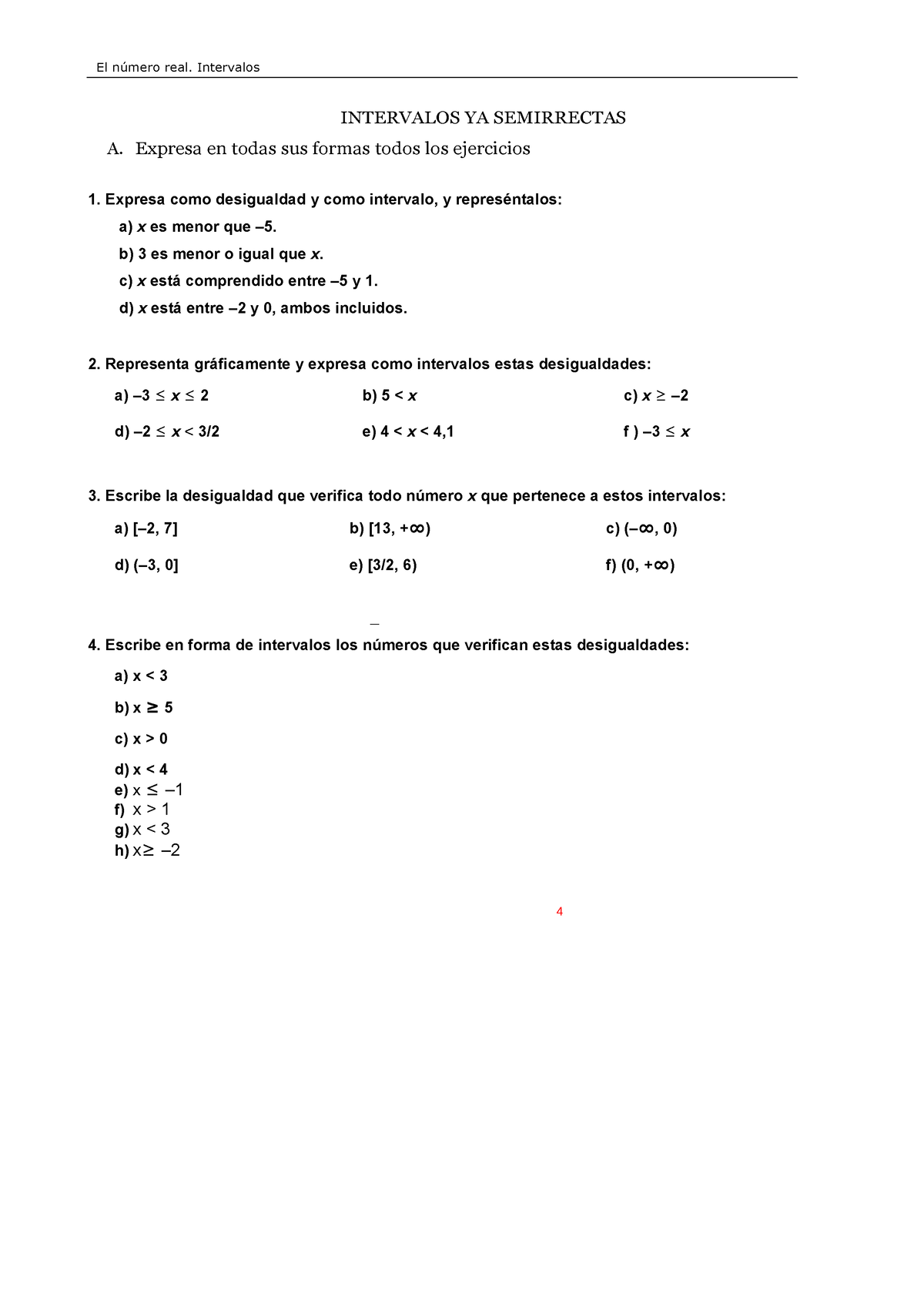 Ejercicios Intervalos Y Semirrectas Intervalos Ya Semirrectas A Expresa En Todas Sus Formas 