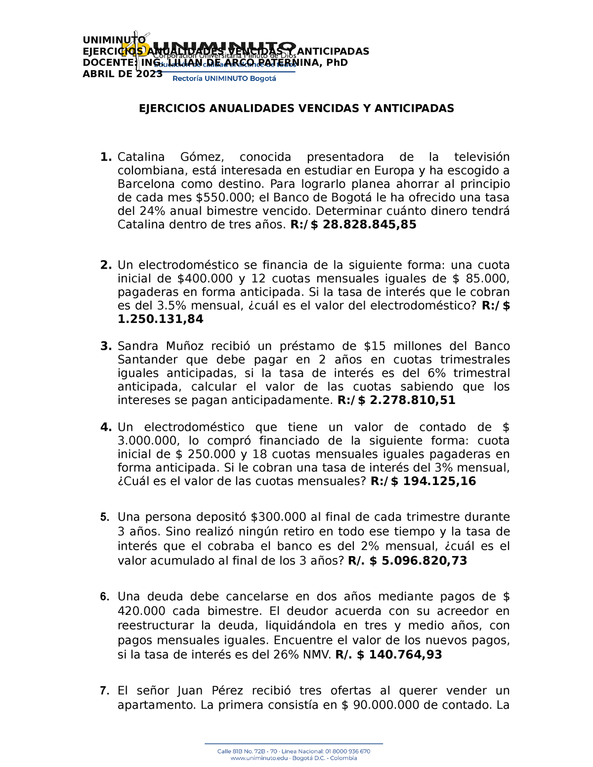 Ejercicios En Clase Anualidad Vencida Y Anticipada 2023 2 Uniminuto Ejercicios Anualidades 7686