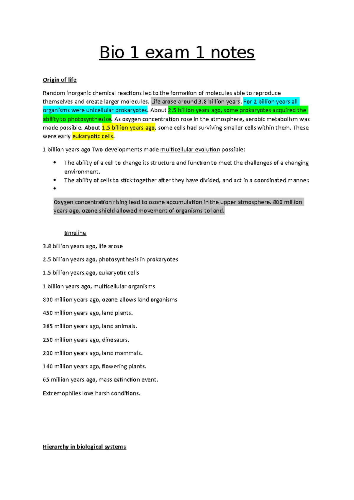 Bio 1 exam 1 notes Summary General Biology I Bio 1 exam 1 notes