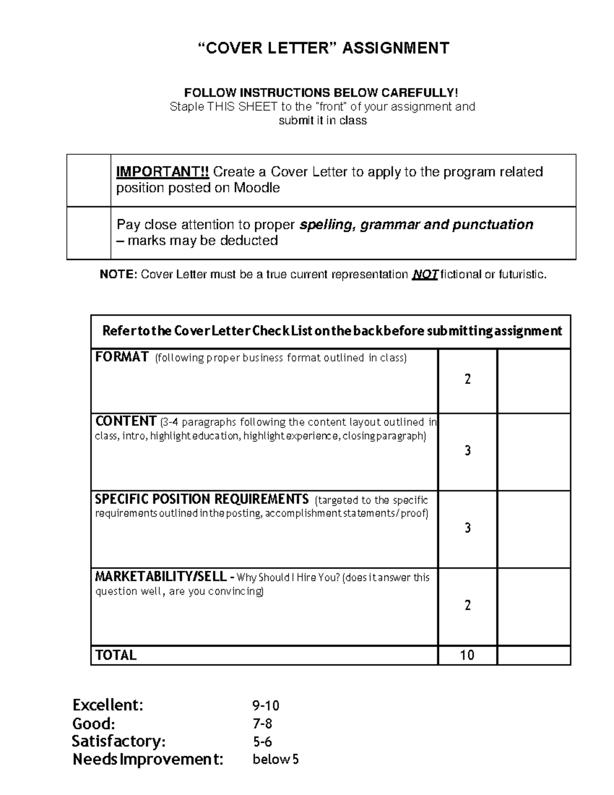 Cover Letter Rubric and Outline Updated - “COVER LETTER” ASSIGNMENT ...