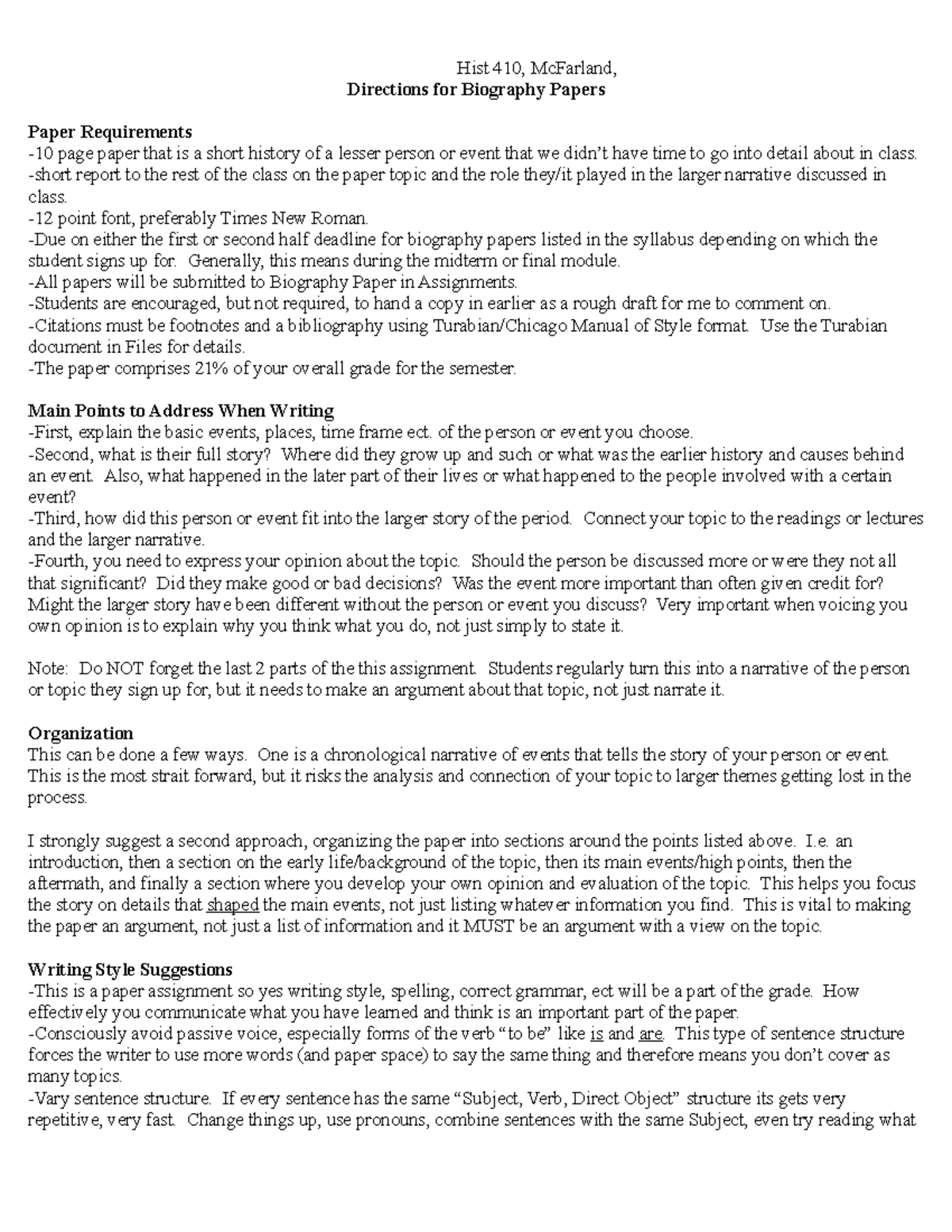 Biog Paper Directions Online Hist 410, McFarland, Directions for
