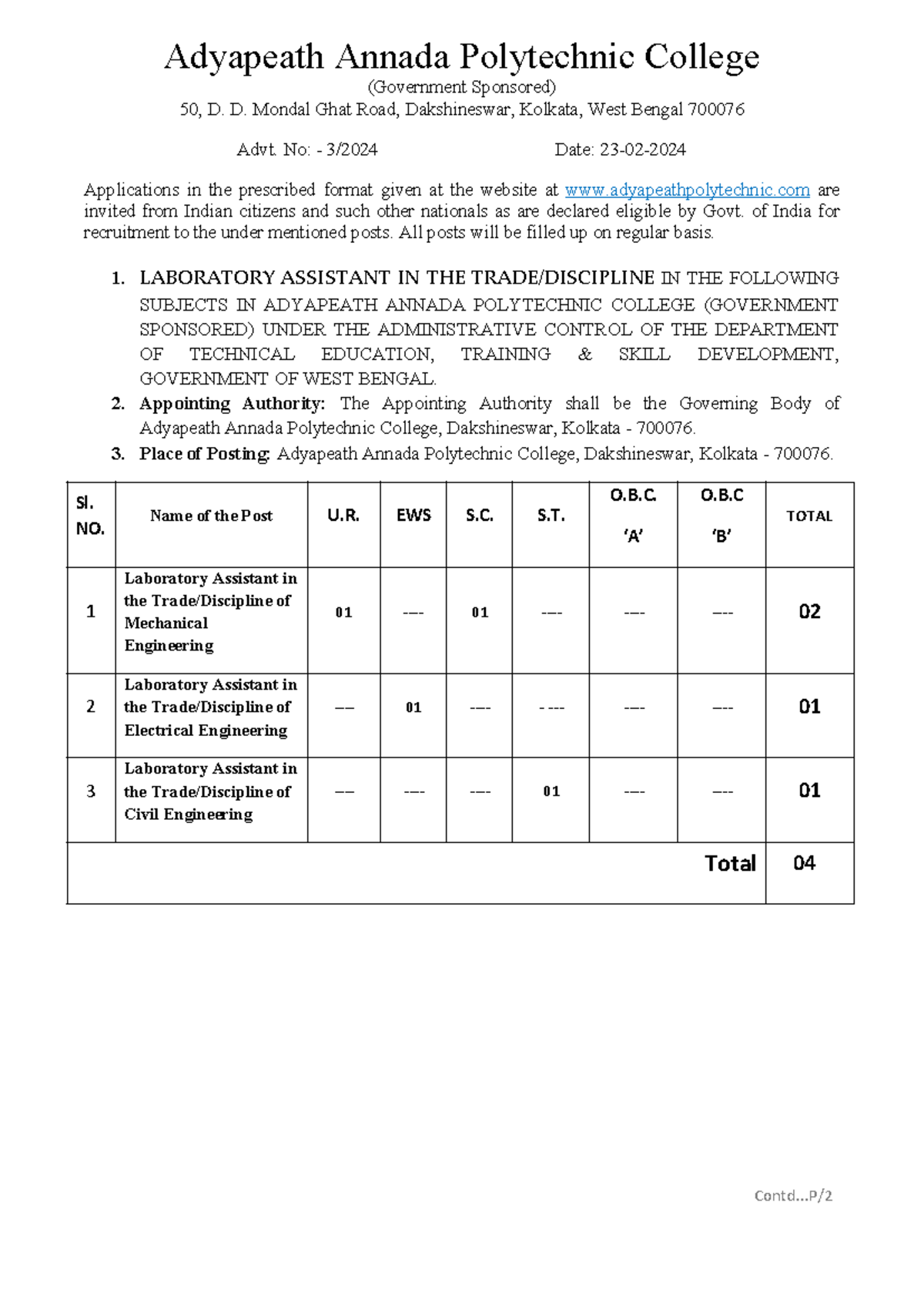 03 Advertisement FOR Laboratory Assistant AT AAPC 03 2024 - Adyapeath ...