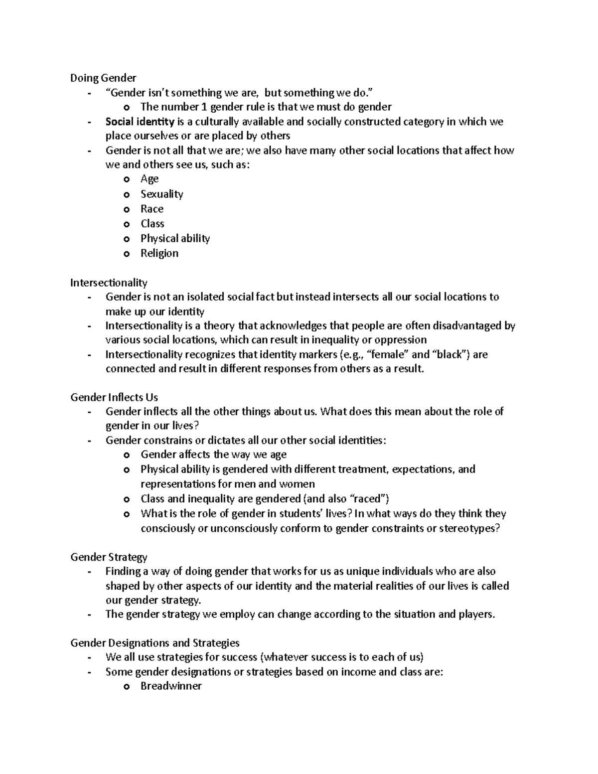 SOC 160 Chap 5 - Chapter 5 is all about doing gender and what actions ...