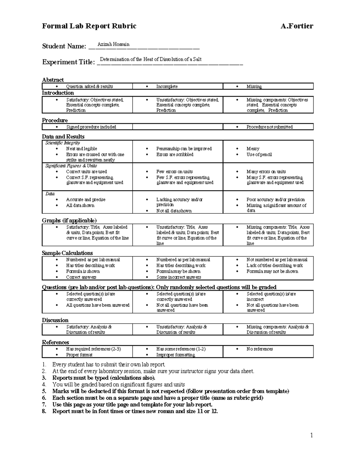 Lab Report 8: Determination of the Heat of Dissolution of a Salt ...