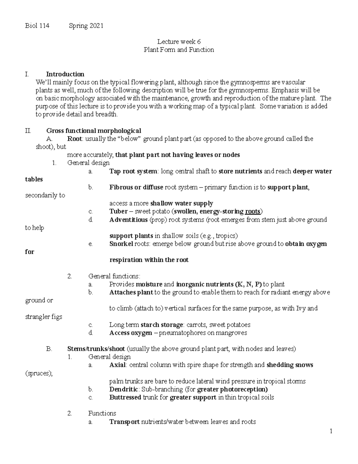 Lecture week 6 (3-15) - Notes Plant Form and Function - Biol 114 Spring ...