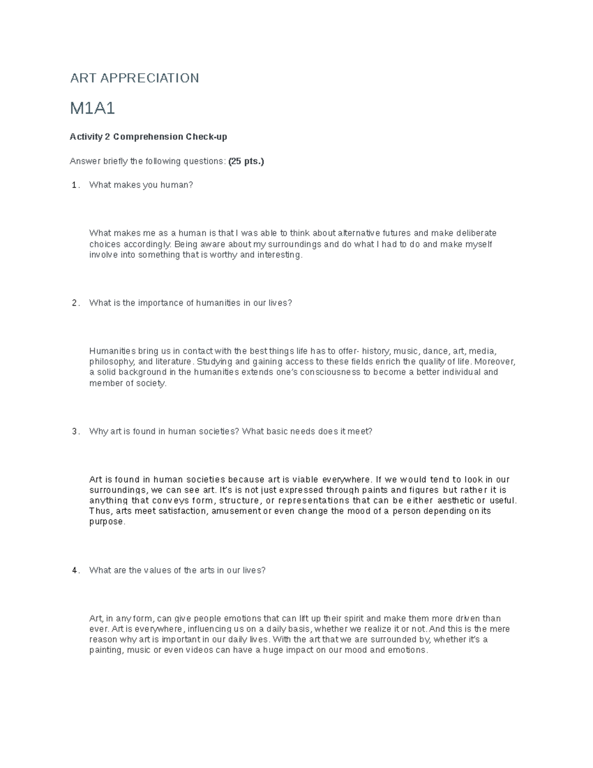 ART Appreciation Lecture notes 1 ART APPRECIATION M1A Activity 2